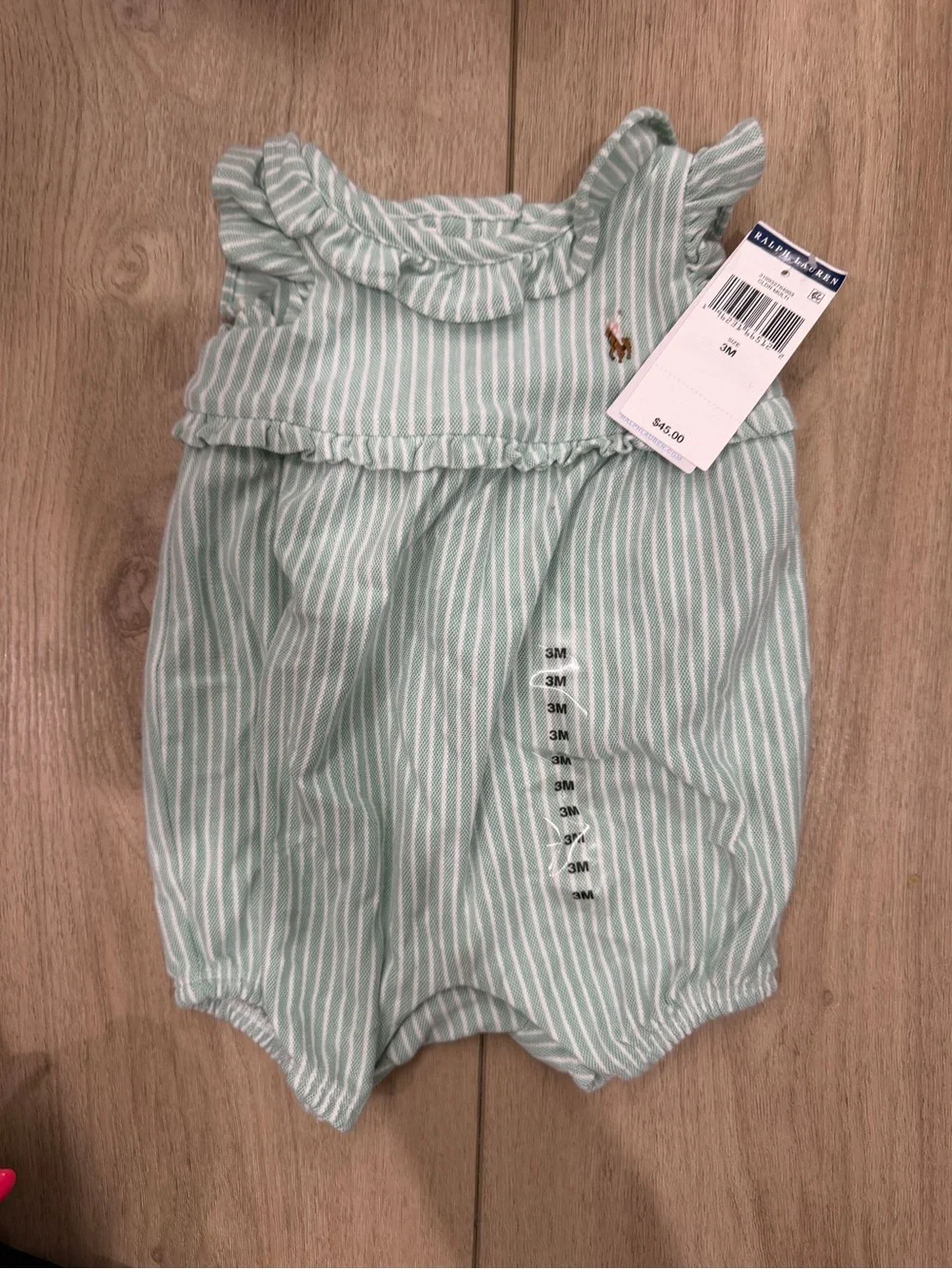 Ralph Lauren Mint Green & White Striped Ruffle Bubble Romper